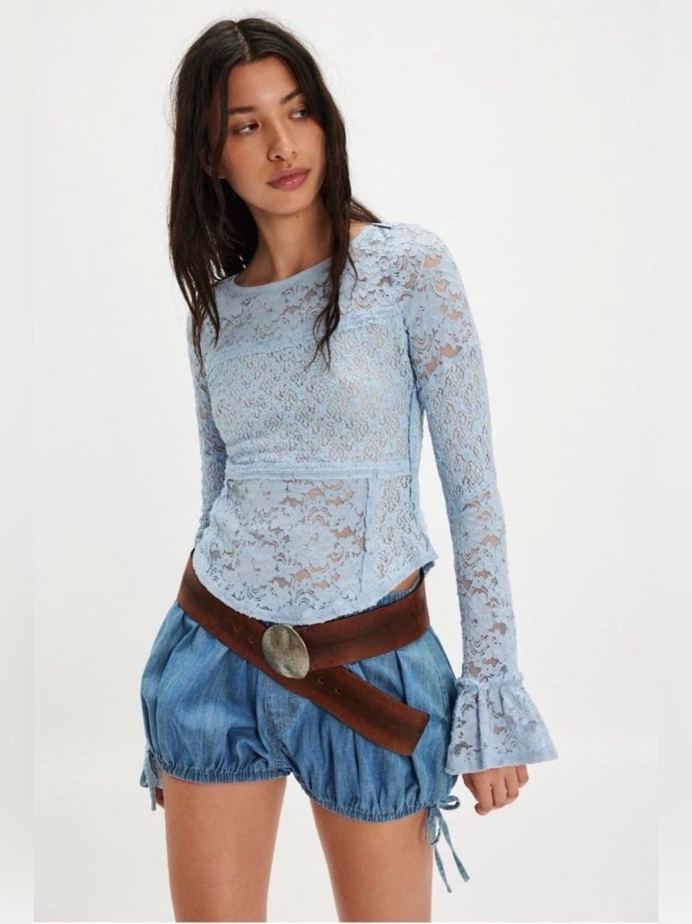 Free People Sheer Lace Long Sleeve Top S Niagara Mist💕New Without Tags💕
